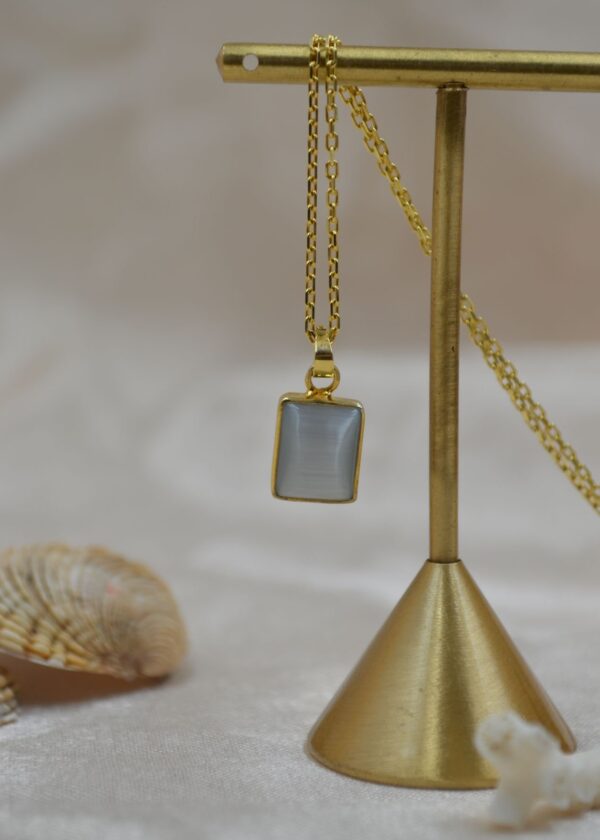 Gerçek Kare Gri  Kedi Gözü  Kolye | Altın Kaplama 925 ® Gümüş - Görsel 3