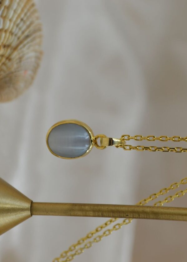 Gerçek Oval Gri  Kedi Gözü  Kolye | Altın Kaplama 925 ® Gümüş - Görsel 5