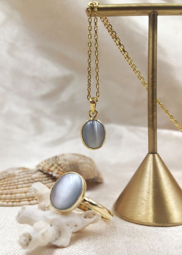 Gerçek Oval Gri  Kedi Gözü  Kolye | Altın Kaplama 925 ® Gümüş - Görsel 3