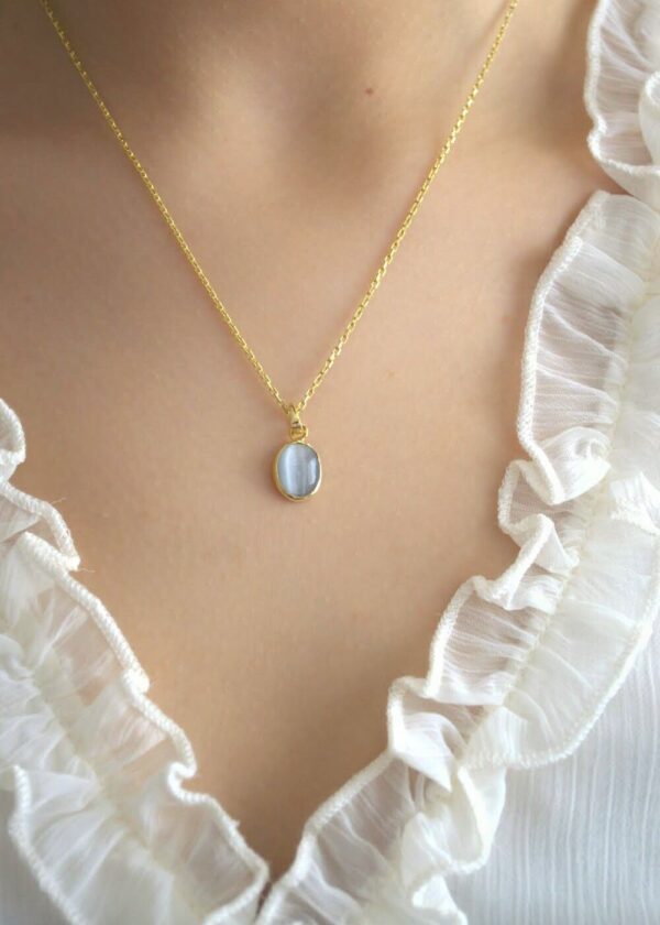 Gerçek Oval Gri  Kedi Gözü  Kolye | Altın Kaplama 925 ® Gümüş - Görsel 1